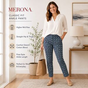 Merona Classic Fit Pants Women's 2 Blue Geometric Stretch Pixie Mid Rise Pockets